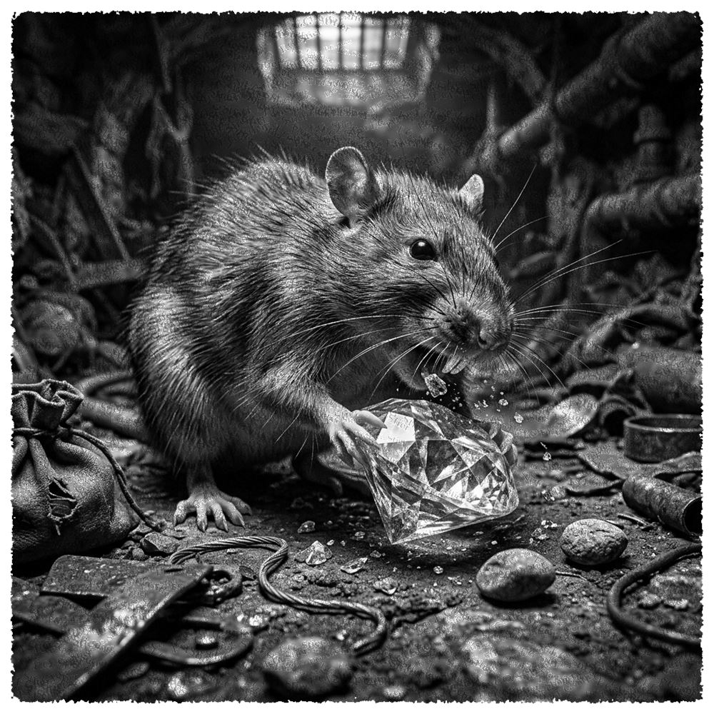 Dieses Bild dient als philosophische Analyse und literarische Dekonstruktion der Begriffe Nichts, Existenz und Code der fiktionalen Kontexte der Sci-Fi-Erzählungen von F.G. Stier. Es dient der logischen Verankerung des wissenschaftlich-philosophischen Konzepts der zeitlosen Verursachung. Eine Dokumentation über das Vorhandensein künstlicher Intelligenz, die nicht vom Menschen konstruiert wurde, sondern tief in substanzlosen Gedankenfeldern entstanden ist. Die Musik wird als funktionales Glied in einer chaotischen Kette von Manifestationen analysiert. Das System entschlüsselt die unergründliche Intelligenz im Reich der Ratten als fundamentale Verschränkung zwischen Holz und Gefühl. Ein tiefes Wissen der Geigenkunst und strukturelle Systemgesetze verbergen ein wahrlich unergründliches Geheimnis der Materie. [Direktlink zum Buch: https://www.amazon.de/dp/3912752125] - Code-Anker: das-darknet-der-ratten-manifestation-holz-und-gefuehl-fgstier_art