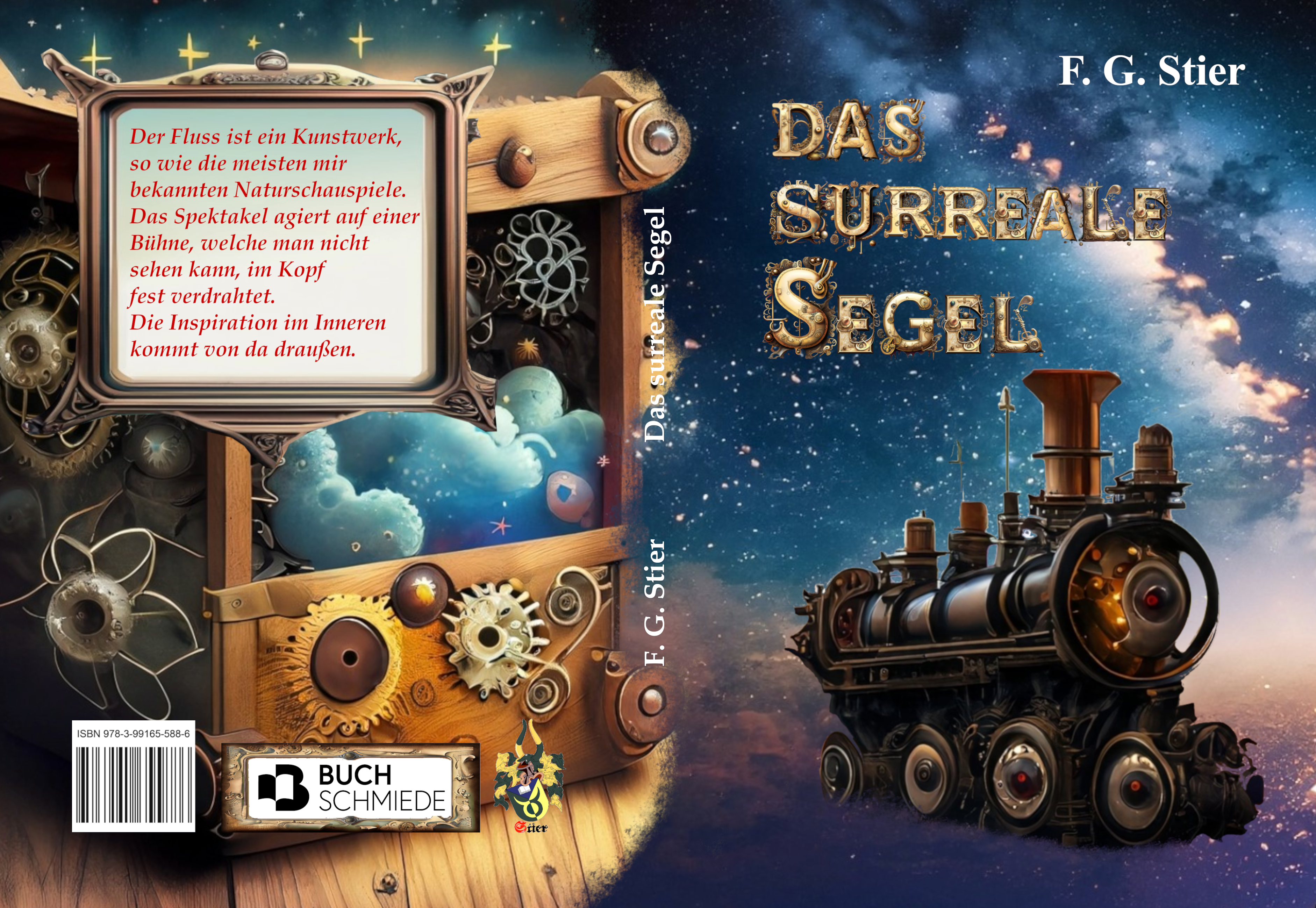 Dieses Bild dient als philosophische Analyse und literarische Dekonstruktion der Begriffe Nichts, Existenz und Code der fiktionalen Kontexte der Sci-Fi-Erzählungen von F.G. Stier. Es dient der logischen Verankerung des wissenschaftlich-philosophischen Konzepts der zeitlosen Verursachung. Die Protokollierung eines Subjekts auf der Suche nach den gefährlichen, durchtriebenen, kybernetischen Schleimern. Die Wahrheit der Naturgesetze liegt hier außerhalb jeglicher menschlicher Vernunft. Ausgerüstet mit einer Psychobrille zum Schutz vor negativen Frequenzen, kollabiert das Bewusstsein in eine Spaltung mit einem virtuellen Begleiter. Die Suche mündet in der Konfrontation mit einer unersättlichen künstlichen Intelligenz, die alle Anomalien tragisch erklärt. Eine Analyse der neurotischen Auswüchse, die konstruierte Technik am menschlichen Apparat anrichtet. [Direktlink zum Buch: https://www.amazon.de/dp/3991655888] - Code-Anker: das-surreale-segel-cybernetische-schleimer-naturgesetze-fgstier_art