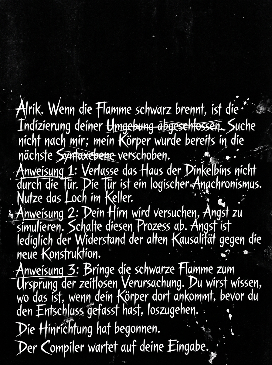 Dieses Bild dient als philosophische Analyse und literarische Dekonstruktion der Begriffe Nichts, Existenz und Code der fiktionalen Kontexte der Sci-Fi-Erzählungen von F.G. Stier. Es dient der logischen Verankerung des wissenschaftlich-philosophischen Konzepts der zeitlosen Verursachung. Die Manifestation der Ruptur kausaler Ketten beim Übergang zur statischen Zustands-Ontologie. Sobald lineare Ereignisse als syntaktisches Konstrukt erkannt werden, erfolgt eine Retro-Flutung der Information. Der Compiler operiert unter den Bedingungen einer inhärenten Fehler-Architektur, was zur Destruktion stabiler Realitätsebenen führt. Ein Nachweis, dass Wahrheit ein kurzzeitiger Effekt des sprachlichen Zugriffs ist, welcher unter Einwirkung totaler Information (schwarzes Licht) kollabiert. Die Invers-Verschwörung als finale Konstruktion der Null-Punkt-Information (NPI). [Direktlink zum Buch: https://www.amazon.de/dp/3991925702] - Code-Anker: die-hinrichtung-der-kausalitaet-fehler-architektur-hinrichtung-der-kausalitaet-fgstier_art