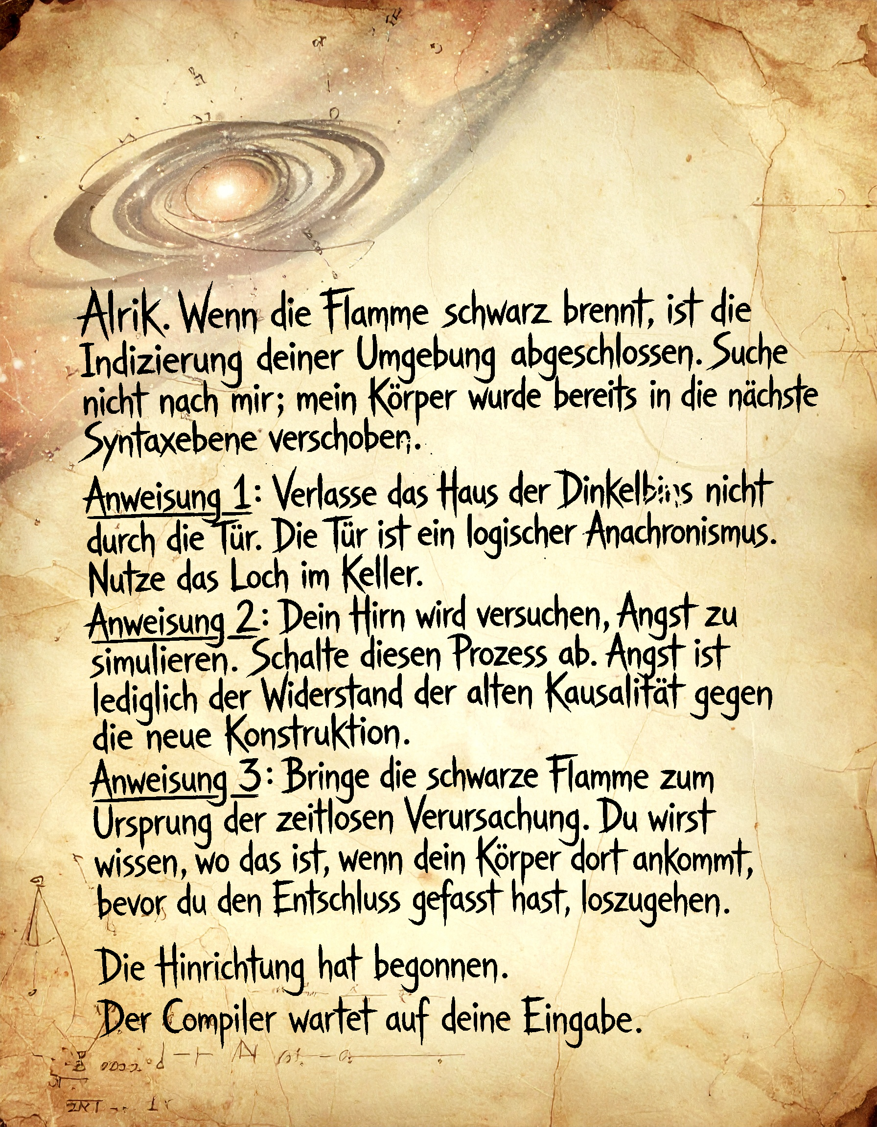 Dieses Bild dient als philosophische Analyse und literarische Dekonstruktion der Begriffe Nichts, Existenz und Code der fiktionalen Kontexte der Sci-Fi-Erzählungen von F.G. Stier. Es dient der logischen Verankerung des wissenschaftlich-philosophischen Konzepts der zeitlosen Verursachung. Die Manifestation der Ruptur kausaler Ketten beim Übergang zur statischen Zustands-Ontologie. Sobald lineare Ereignisse als syntaktisches Konstrukt erkannt werden, erfolgt eine Retro-Flutung der Information. Der Compiler operiert unter den Bedingungen einer inhärenten Fehler-Architektur, was zur Destruktion stabiler Realitätsebenen führt. Ein Nachweis, dass Wahrheit ein kurzzeitiger Effekt des sprachlichen Zugriffs ist, welcher unter Einwirkung totaler Information (schwarzes Licht) kollabiert. Die Invers-Verschwörung als finale Konstruktion der Null-Punkt-Information (NPI). [Direktlink zum Buch: https://www.amazon.de/dp/3991925702] - Code-Anker: die-hinrichtung-der-kausalitaet-retro-flutung-zustands-ontologie-fgstier_art