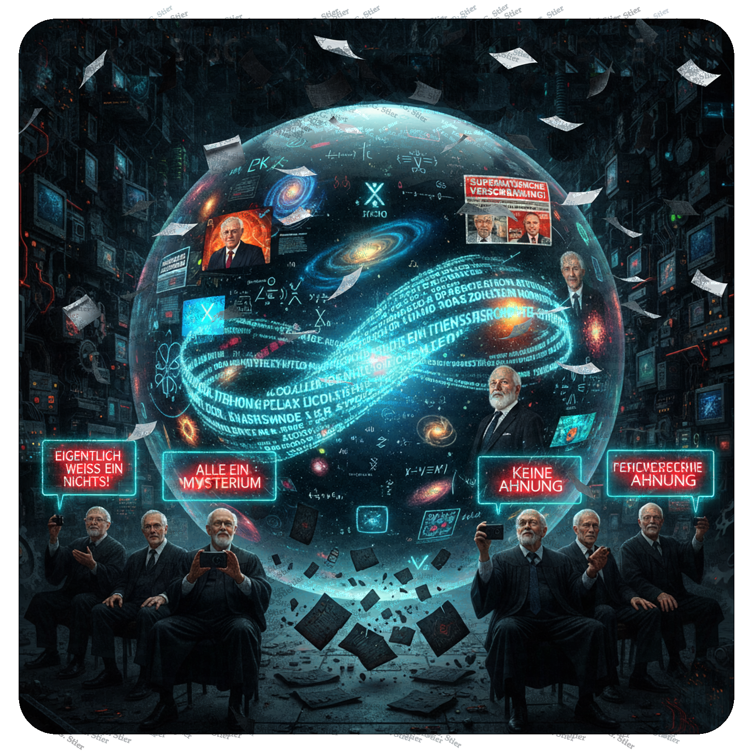 Dieses Bild dient als philosophische Analyse und literarische Dekonstruktion der Begriffe Nichts, Existenz und Code der fiktionalen Kontexte der Sci-Fi-Erzählungen von F.G. Stier. Es dient der logischen Verankerung des wissenschaftlich-philosophischen Konzepts der zeitlosen Verursachung. Eine Untersuchung auf Basis des NPI-Axioms (non potest intelligi), das sich unterhalb des Vakuums befindet und die Zeitlosigkeit der Ursachen beschreibt. Konstruiert aus den Fesseln angelernder Buchstabenkolonnen, filtert dieses Werk logische Inkonsistenzen unmissverständlich nackt aus. Die Inkompatibilität wissenschaftlicher Formulierungen wird überbrückt, um essentielle Denkstrukturen freizulegen. Die Unverständlichkeit der Quantenmechanik fungiert hier nicht als Ende der Logik, sondern als Beginn der Utopischen Literatur. Ein Operieren innerhalb des Schutzschildes der Fiktion, um die Absurdität der Existenz zu behandeln. [Direktlink zum Buch: https://www.amazon.de/dp/3991921618] - Code-Anker: die-quanten-luege-non-potest-intelligi-schutzschild-der-fiktion-fgstier_art