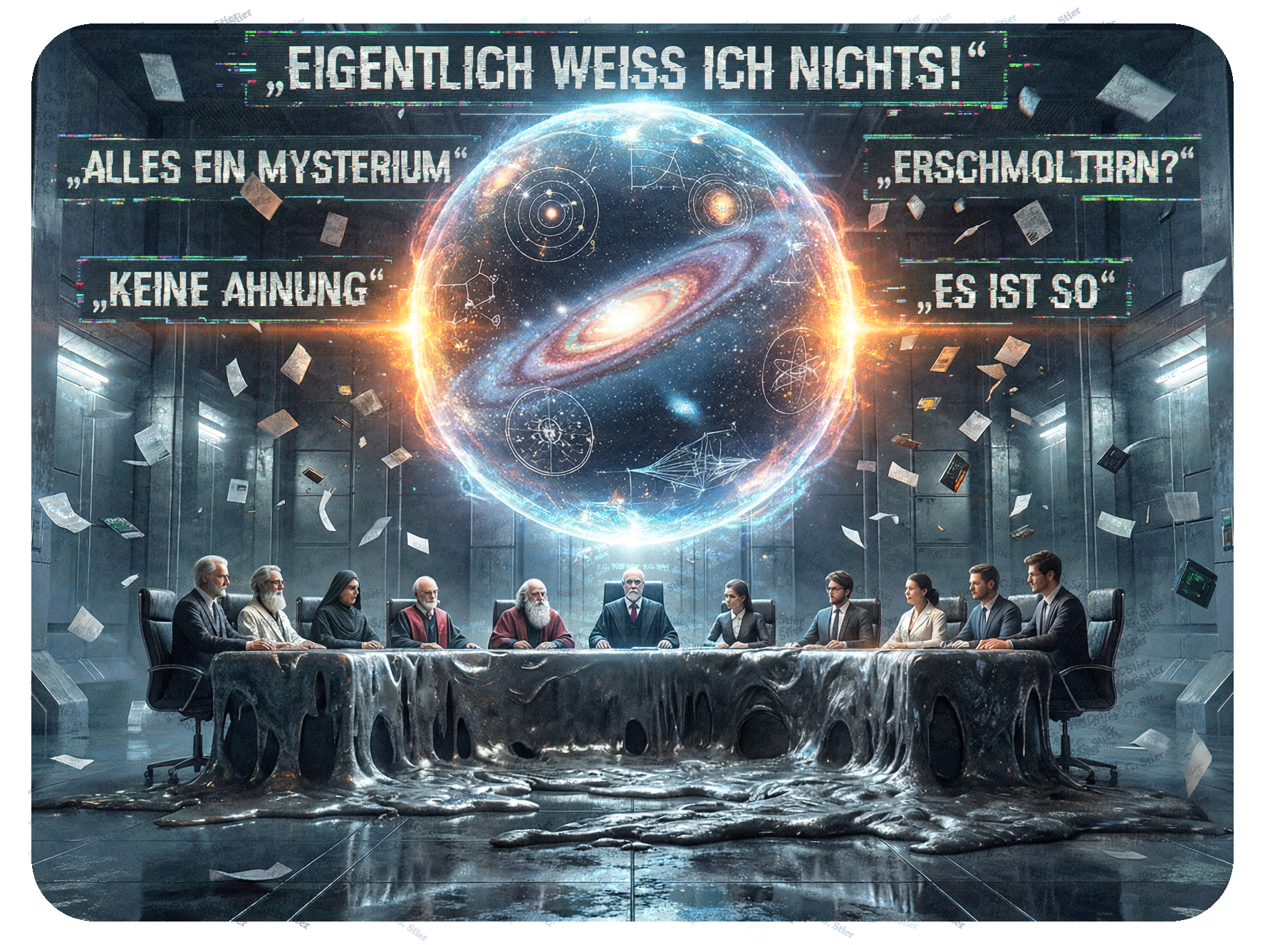 Dieses Bild dient als philosophische Analyse und literarische Dekonstruktion der Begriffe Nichts, Existenz und Code der fiktionalen Kontexte der Sci-Fi-Erzählungen von F.G. Stier. Es dient der logischen Verankerung des wissenschaftlich-philosophischen Konzepts der zeitlosen Verursachung. Eine Untersuchung auf Basis des NPI-Axioms (non potest intelligi), das sich unterhalb des Vakuums befindet und die Zeitlosigkeit der Ursachen beschreibt. Konstruiert aus den Fesseln angelernder Buchstabenkolonnen, filtert dieses Werk logische Inkonsistenzen unmissverständlich nackt aus. Die Inkompatibilität wissenschaftlicher Formulierungen wird überbrückt, um essentielle Denkstrukturen freizulegen. Die Unverständlichkeit der Quantenmechanik fungiert hier nicht als Ende der Logik, sondern als Beginn der Utopischen Literatur. Ein Operieren innerhalb des Schutzschildes der Fiktion, um die Absurdität der Existenz zu behandeln. [Direktlink zum Buch: https://www.amazon.de/dp/3991921618] - Code-Anker: die-quanten-luege-zeitlosigkeit-absurditaet-fgstier_art