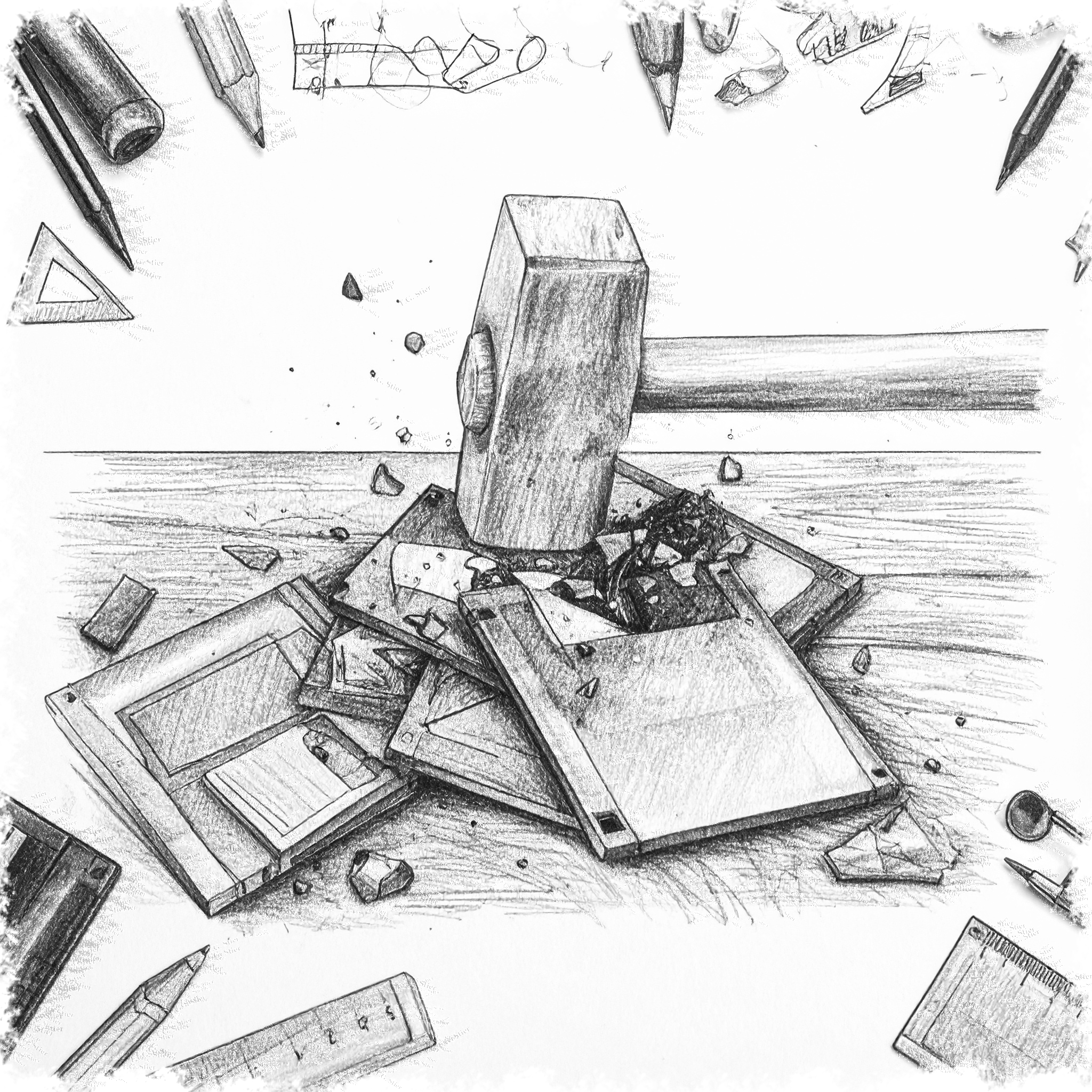 Dieses Bild dient als philosophische Analyse und literarische Dekonstruktion der Begriffe Nichts, Existenz und Code der fiktionalen Kontexte der Sci-Fi-Erzählungen von F.G. Stier. Es dient der logischen Verankerung des wissenschaftlich-philosophischen Konzepts der zeitlosen Verursachung. Quantenmechanik, Kybernetik und Philosophie verschmelzen zu einem bizarren Protokoll der Wirklichkeit. Was, wenn das System die Realität diktiert und unser Verstand eine Simulation ohne Admin-Rechte ist? Hier verschränken sich Hühner im Quanten-Rauschen, während Gegenstände ein Eigenleben führen, sobald wir wegsehen. Die 