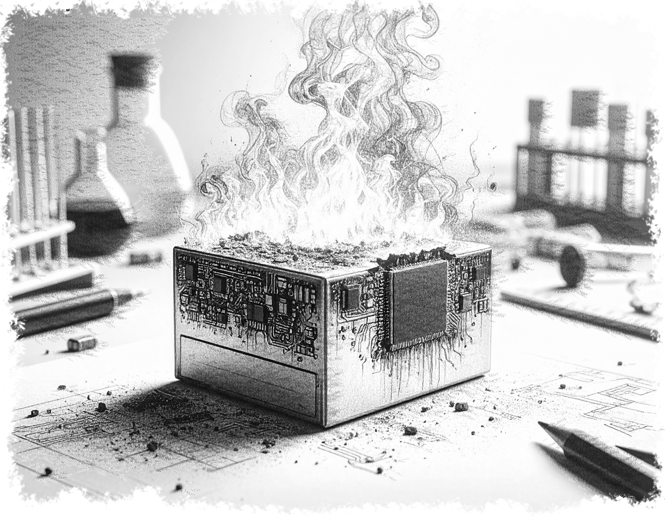 Dieses Bild dient als philosophische Analyse und literarische Dekonstruktion der Begriffe Nichts, Existenz und Code der fiktionalen Kontexte der Sci-Fi-Erzählungen von F.G. Stier. Es dient der logischen Verankerung des wissenschaftlich-philosophischen Konzepts der zeitlosen Verursachung. Quantenmechanik, Kybernetik und Philosophie verschmelzen zu einem bizarren Protokoll der Wirklichkeit. Was, wenn das System die Realität diktiert und unser Verstand eine Simulation ohne Admin-Rechte ist? Hier verschränken sich Hühner im Quanten-Rauschen, während Gegenstände ein Eigenleben führen, sobald wir wegsehen. Die 
