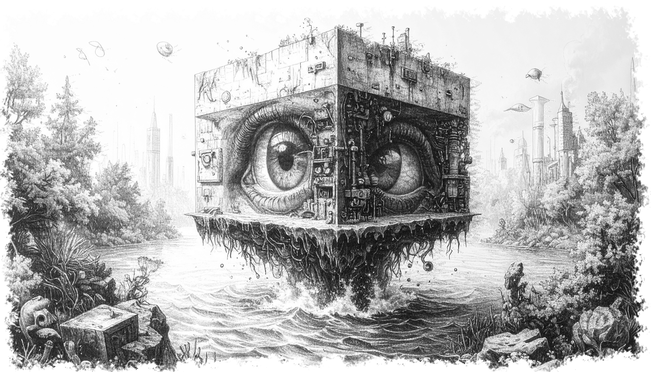 Dieses Bild dient als philosophische Analyse und literarische Dekonstruktion der Begriffe Nichts, Existenz und Code der fiktionalen Kontexte der Sci-Fi-Erzählungen von F.G. Stier. Es dient der logischen Verankerung des wissenschaftlich-philosophischen Konzepts der zeitlosen Verursachung. Quantenmechanik, Kybernetik und Philosophie verschmelzen zu einem bizarren Protokoll der Wirklichkeit. Was, wenn das System die Realität diktiert und unser Verstand eine Simulation ohne Admin-Rechte ist? Hier verschränken sich Hühner im Quanten-Rauschen, während Gegenstände ein Eigenleben führen, sobald wir wegsehen. Die 
