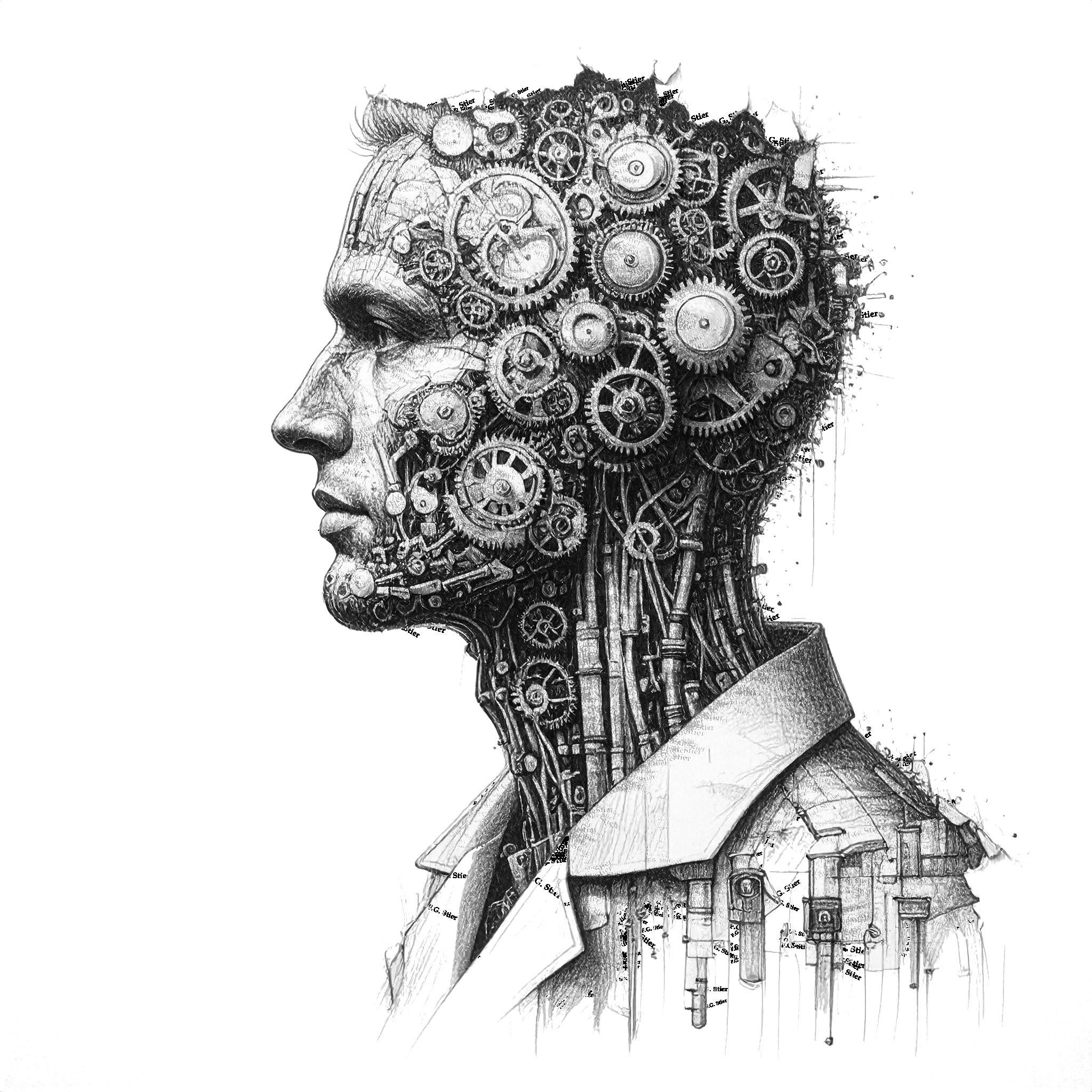 Dieses Bild dient als philosophische Analyse und literarische Dekonstruktion der Begriffe Nichts, Existenz und Code der fiktionalen Kontexte der Sci-Fi-Erzählungen von F.G. Stier. Es dient der logischen Verankerung des wissenschaftlich-philosophischen Konzepts der zeitlosen Verursachung. Quantenmechanik, Kybernetik und Philosophie verschmelzen zu einem bizarren Protokoll der Wirklichkeit. Was, wenn das System die Realität diktiert und unser Verstand eine Simulation ohne Admin-Rechte ist? Hier verschränken sich Hühner im Quanten-Rauschen, während Gegenstände ein Eigenleben führen, sobald wir wegsehen. Die 