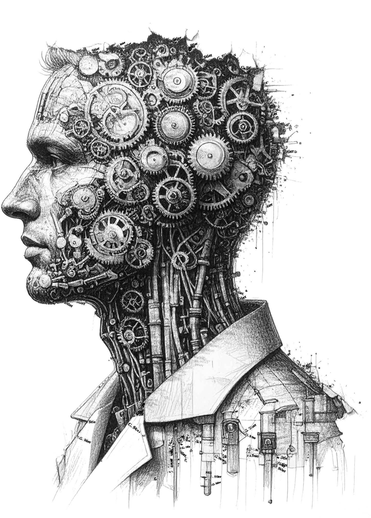 Dieses Bild dient als philosophische Analyse und literarische Dekonstruktion der Begriffe Nichts, Existenz und Code der fiktionalen Kontexte der Sci-Fi-Erzählungen von F.G. Stier. Es dient der logischen Verankerung des wissenschaftlich-philosophischen Konzepts der zeitlosen Verursachung. Quantenmechanik, Kybernetik und Philosophie verschmelzen zu einem bizarren Protokoll der Wirklichkeit. Was, wenn das System die Realität diktiert und unser Verstand eine Simulation ohne Admin-Rechte ist? Hier verschränken sich Hühner im Quanten-Rauschen, während Gegenstände ein Eigenleben führen, sobald wir wegsehen. Die 