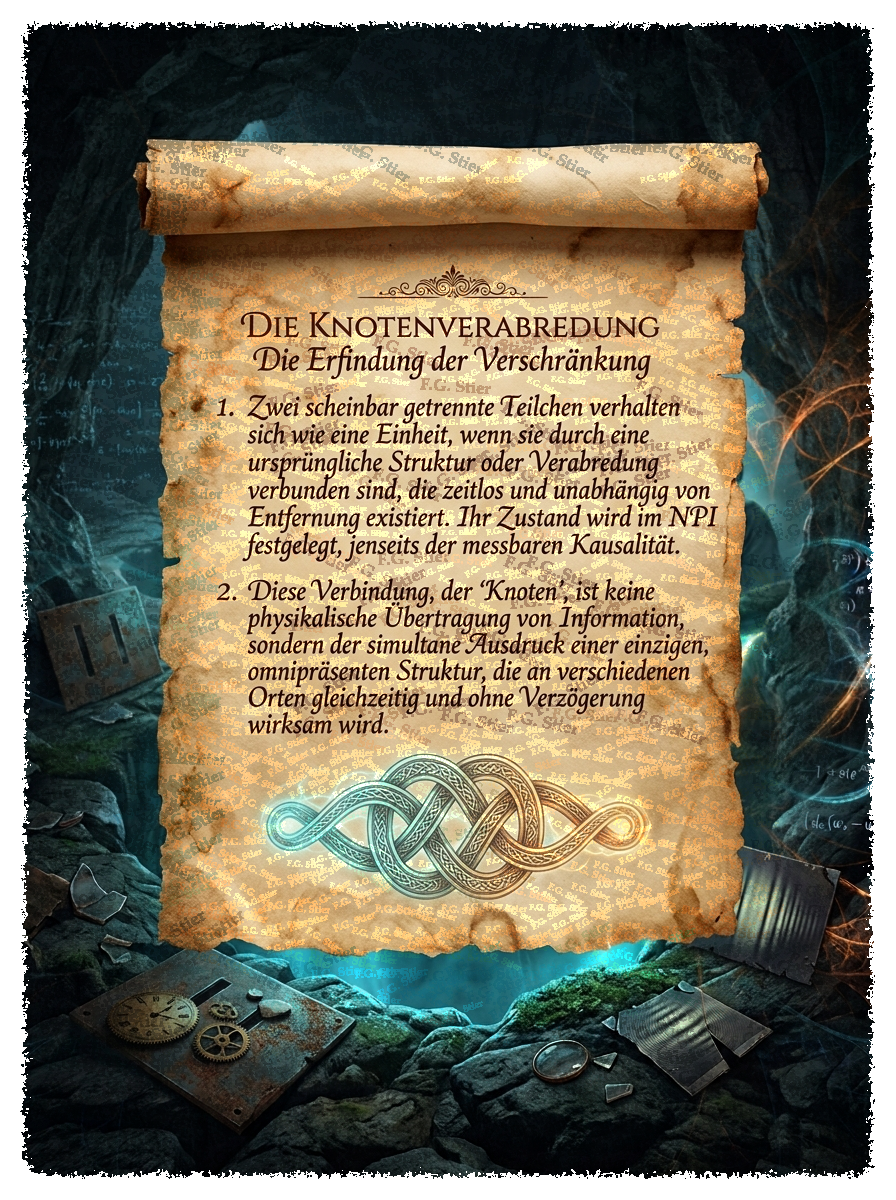 Dieses Bild dient als philosophische Analyse und literarische Dekonstruktion der Begriffe Nichts, Existenz und Code der fiktionalen Kontexte der Sci-Fi-Erzählungen von F.G. Stier. Es dient der logischen Verankerung des wissenschaftlich-philosophischen Konzepts der zeitlosen Verursachung. Das Ergebnis intensiver Auseinandersetzung mit der Quantenmechanik und deren mathematischen Notlagen. Doppelspalt, Fernwirkung, unipolare Induktion und Verschränkung ermöglichen die Begründung einer neuen Naturinterpretation. Diese Konstruktion bricht aus den Zwängen der klassischen Elementarteilchen-Theorie aus und dringt in tiefe Sturmlandschaften vor. Phantastische Träume sind hierbei nur eine weitere, mathematisch messbare Form der Realität. Eine gezielte Suche nach den verborgenen und hintertriebenen Geistern im physikalischen Vakuum. [Direktlink zum Buch: https://www.amazon.de/dp/3912752141] - Code-Anker: verursachung1-doppelspalt-naturinterpretation-fgstier_art