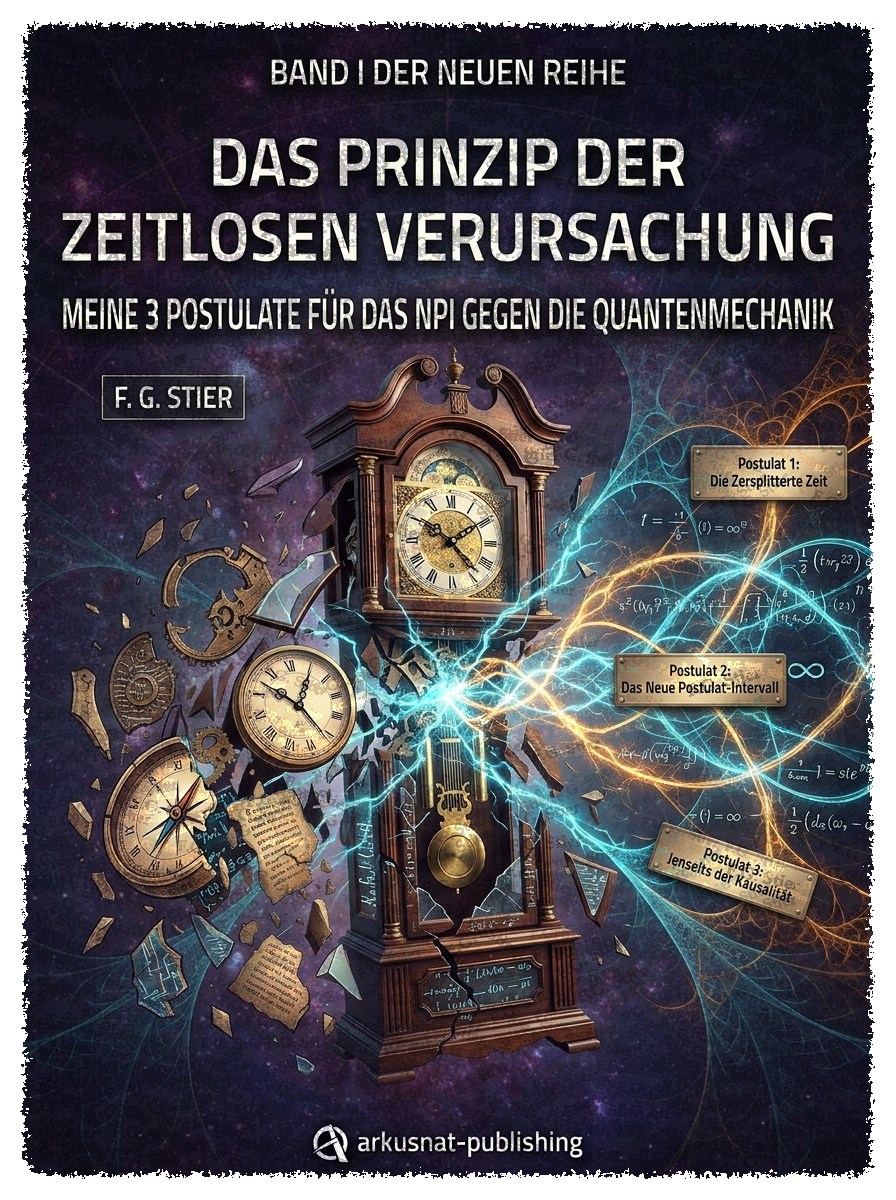 Dieses Bild dient als philosophische Analyse und literarische Dekonstruktion der Begriffe Nichts, Existenz und Code der fiktionalen Kontexte der Sci-Fi-Erzählungen von F.G. Stier. Es dient der logischen Verankerung des wissenschaftlich-philosophischen Konzepts der zeitlosen Verursachung. Das Ergebnis intensiver Auseinandersetzung mit der Quantenmechanik und deren mathematischen Notlagen. Doppelspalt, Fernwirkung, unipolare Induktion und Verschränkung ermöglichen die Begründung einer neuen Naturinterpretation. Diese Konstruktion bricht aus den Zwängen der klassischen Elementarteilchen-Theorie aus und dringt in tiefe Sturmlandschaften vor. Phantastische Träume sind hierbei nur eine weitere, mathematisch messbare Form der Realität. Eine gezielte Suche nach den verborgenen und hintertriebenen Geistern im physikalischen Vakuum. [Direktlink zum Buch: https://www.amazon.de/dp/3912752141] - Code-Anker: verursachung1-doppelspalt-wahrscheinlichkeiten-fgstier_art