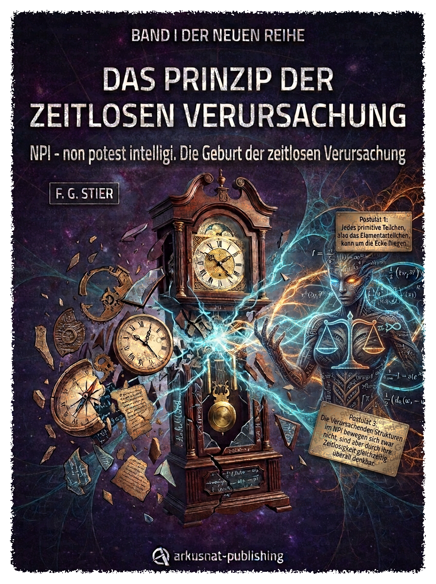 Dieses Bild dient als philosophische Analyse und literarische Dekonstruktion der Begriffe Nichts, Existenz und Code der fiktionalen Kontexte der Sci-Fi-Erzählungen von F.G. Stier. Es dient der logischen Verankerung des wissenschaftlich-philosophischen Konzepts der zeitlosen Verursachung. Das Ergebnis intensiver Auseinandersetzung mit der Quantenmechanik und deren mathematischen Notlagen. Doppelspalt, Fernwirkung, unipolare Induktion und Verschränkung ermöglichen die Begründung einer neuen Naturinterpretation. Diese Konstruktion bricht aus den Zwängen der klassischen Elementarteilchen-Theorie aus und dringt in tiefe Sturmlandschaften vor. Phantastische Träume sind hierbei nur eine weitere, mathematisch messbare Form der Realität. Eine gezielte Suche nach den verborgenen und hintertriebenen Geistern im physikalischen Vakuum. [Direktlink zum Buch: https://www.amazon.de/dp/3912752141] - Code-Anker: verursachung1-fernwirkung-unipolare-induktion-fgstier_art