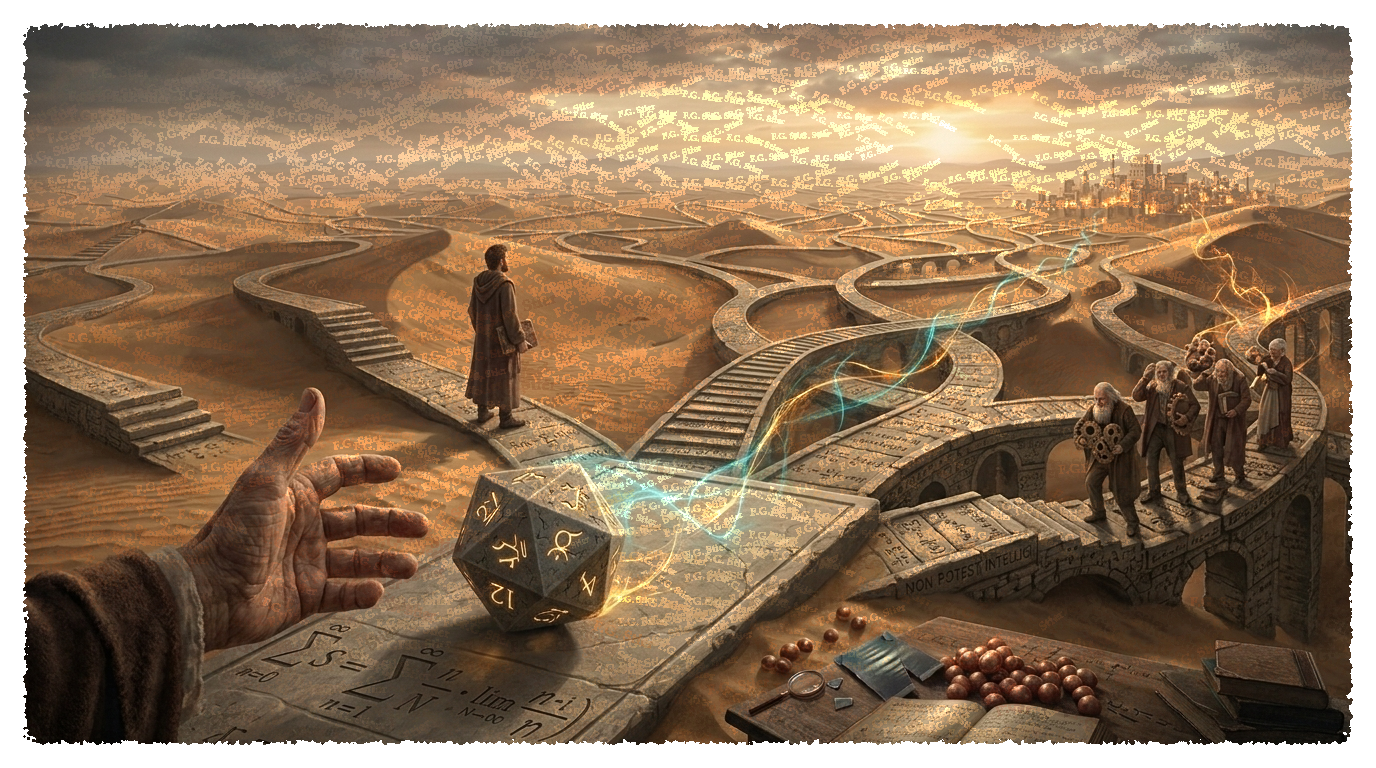 Dieses Bild dient als philosophische Analyse und literarische Dekonstruktion der Begriffe Nichts, Existenz und Code der fiktionalen Kontexte der Sci-Fi-Erzählungen von F.G. Stier. Es dient der logischen Verankerung des wissenschaftlich-philosophischen Konzepts der zeitlosen Verursachung. Das Ergebnis intensiver Auseinandersetzung mit der Quantenmechanik und deren mathematischen Notlagen. Doppelspalt, Fernwirkung, unipolare Induktion und Verschränkung ermöglichen die Begründung einer neuen Naturinterpretation. Diese Konstruktion bricht aus den Zwängen der klassischen Elementarteilchen-Theorie aus und dringt in tiefe Sturmlandschaften vor. Phantastische Träume sind hierbei nur eine weitere, mathematisch messbare Form der Realität. Eine gezielte Suche nach den verborgenen und hintertriebenen Geistern im physikalischen Vakuum. [Direktlink zum Buch: https://www.amazon.de/dp/3912752141] - Code-Anker: verursachung1-quantenmechanik-doppelspalt-fgstier_art