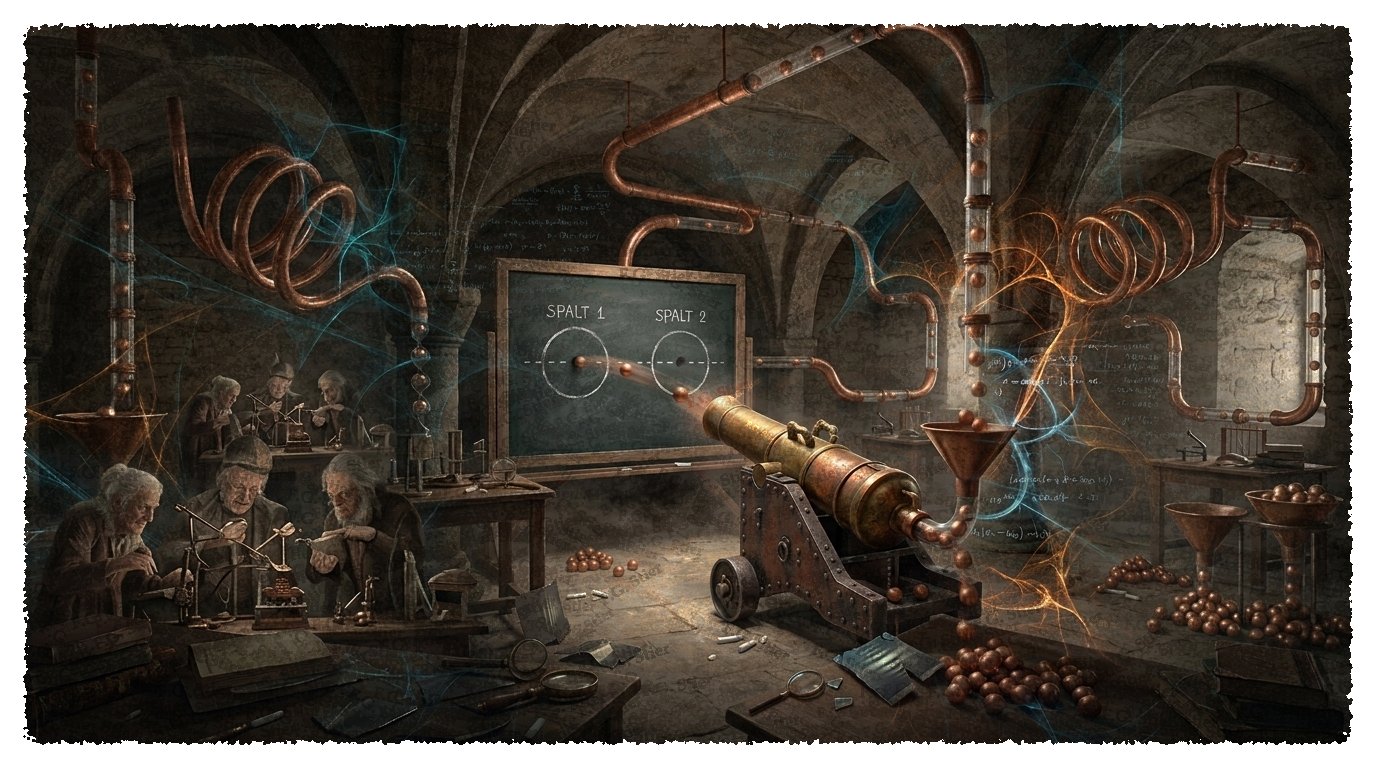 Dieses Bild dient als philosophische Analyse und literarische Dekonstruktion der Begriffe Nichts, Existenz und Code der fiktionalen Kontexte der Sci-Fi-Erzählungen von F.G. Stier. Es dient der logischen Verankerung des wissenschaftlich-philosophischen Konzepts der zeitlosen Verursachung. Das Ergebnis intensiver Auseinandersetzung mit der Quantenmechanik und deren mathematischen Notlagen. Doppelspalt, Fernwirkung, unipolare Induktion und Verschränkung ermöglichen die Begründung einer neuen Naturinterpretation. Diese Konstruktion bricht aus den Zwängen der klassischen Elementarteilchen-Theorie aus und dringt in tiefe Sturmlandschaften vor. Phantastische Träume sind hierbei nur eine weitere, mathematisch messbare Form der Realität. Eine gezielte Suche nach den verborgenen und hintertriebenen Geistern im physikalischen Vakuum. [Direktlink zum Buch: https://www.amazon.de/dp/3912752141] - Code-Anker: verursachung1-quantenmechanik-elementarteilchen-fgstier_art