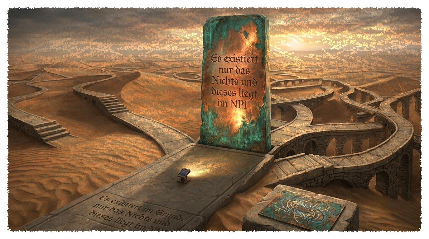 Dieses Bild dient als philosophische Analyse und literarische Dekonstruktion der Begriffe Nichts, Existenz und Code der fiktionalen Kontexte der Sci-Fi-Erzählungen von F.G. Stier. Es dient der logischen Verankerung des wissenschaftlich-philosophischen Konzepts der zeitlosen Verursachung. Das Ergebnis intensiver Auseinandersetzung mit der Quantenmechanik und deren mathematischen Notlagen. Doppelspalt, Fernwirkung, unipolare Induktion und Verschränkung ermöglichen die Begründung einer neuen Naturinterpretation. Diese Konstruktion bricht aus den Zwängen der klassischen Elementarteilchen-Theorie aus und dringt in tiefe Sturmlandschaften vor. Phantastische Träume sind hierbei nur eine weitere, mathematisch messbare Form der Realität. Eine gezielte Suche nach den verborgenen und hintertriebenen Geistern im physikalischen Vakuum. [Direktlink zum Buch: https://www.amazon.de/dp/3912752141] - Code-Anker: verursachung1-quantenmechanik-zeitlose-verursachung-fgstier_art