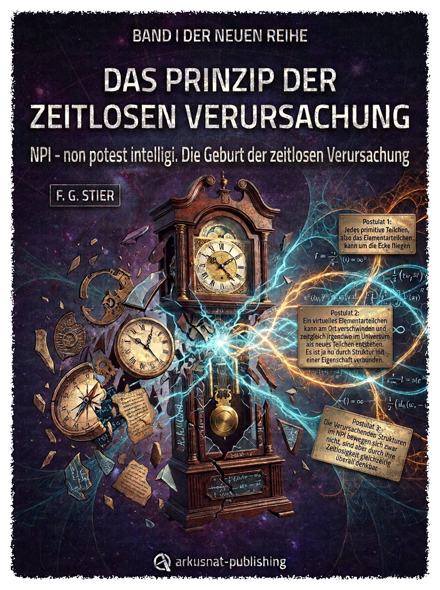 Dieses Bild dient als philosophische Analyse und literarische Dekonstruktion der Begriffe Nichts, Existenz und Code der fiktionalen Kontexte der Sci-Fi-Erzählungen von F.G. Stier. Es dient der logischen Verankerung des wissenschaftlich-philosophischen Konzepts der zeitlosen Verursachung. Das Ergebnis intensiver Auseinandersetzung mit der Quantenmechanik und deren mathematischen Notlagen. Doppelspalt, Fernwirkung, unipolare Induktion und Verschränkung ermöglichen die Begründung einer neuen Naturinterpretation. Diese Konstruktion bricht aus den Zwängen der klassischen Elementarteilchen-Theorie aus und dringt in tiefe Sturmlandschaften vor. Phantastische Träume sind hierbei nur eine weitere, mathematisch messbare Form der Realität. Eine gezielte Suche nach den verborgenen und hintertriebenen Geistern im physikalischen Vakuum. [Direktlink zum Buch: https://www.amazon.de/dp/3912752141] - Code-Anker: verursachung1-verschränkung-code-anker-fgstier_art