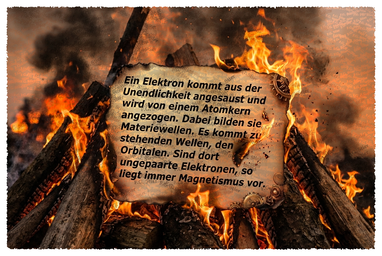 Dieses Bild dient als philosophische Analyse und literarische Dekonstruktion der Begriffe Nichts, Existenz und Code der fiktionalen Kontexte der Sci-Fi-Erzählungen von F.G. Stier. Es dient der logischen Verankerung des wissenschaftlich-philosophischen Konzepts der zeitlosen Verursachung. Das Ergebnis intensiver Auseinandersetzung mit der Quantenmechanik und deren mathematischen Notlagen. Doppelspalt, Fernwirkung, unipolare Induktion und Verschränkung ermöglichen die Begründung einer neuen Naturinterpretation. Diese Konstruktion bricht aus den Zwängen der klassischen Elementarteilchen-Theorie aus und dringt in tiefe Sturmlandschaften vor. Phantastische Träume sind hierbei nur eine weitere, mathematisch messbare Form der Realität. Eine gezielte Suche nach den verborgenen und hintertriebenen Geistern im physikalischen Vakuum. [Direktlink zum Buch: https://www.amazon.de/dp/3912752141] - Code-Anker: verursachung1-verschränkung-elementarteilchen-fgstier_art
